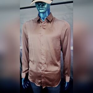 ASOS DESIGN Button-Down Shirt Men’s XS Rose Pink Satin Long Sleeve Shiny